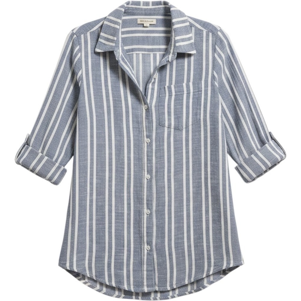 Japna Womens Blue White Striped 100% Cotton Button Down Roll Tab Sleeve S Casual